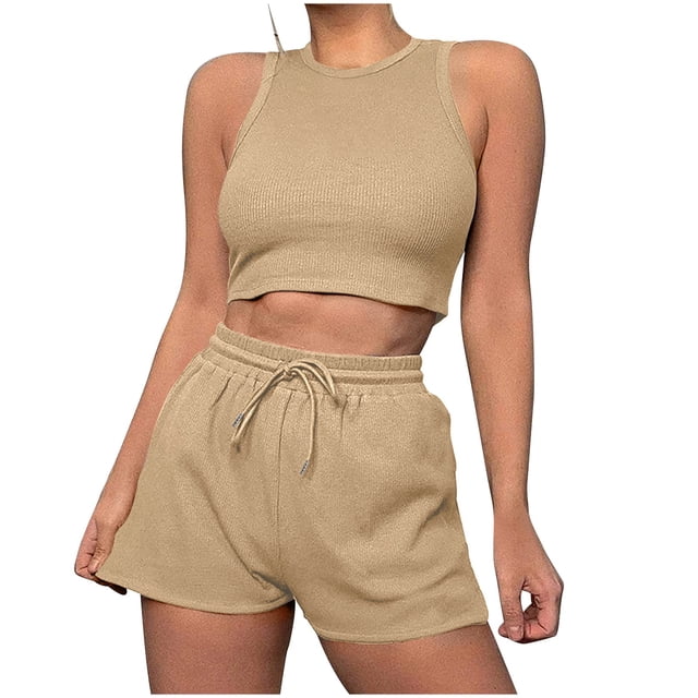 ShomPort Womens 2PC Matching Set Sleeveless Round Collar Crop Tops High Elastic Waisted Drawstring Shorts Comfort Athletic Outfits