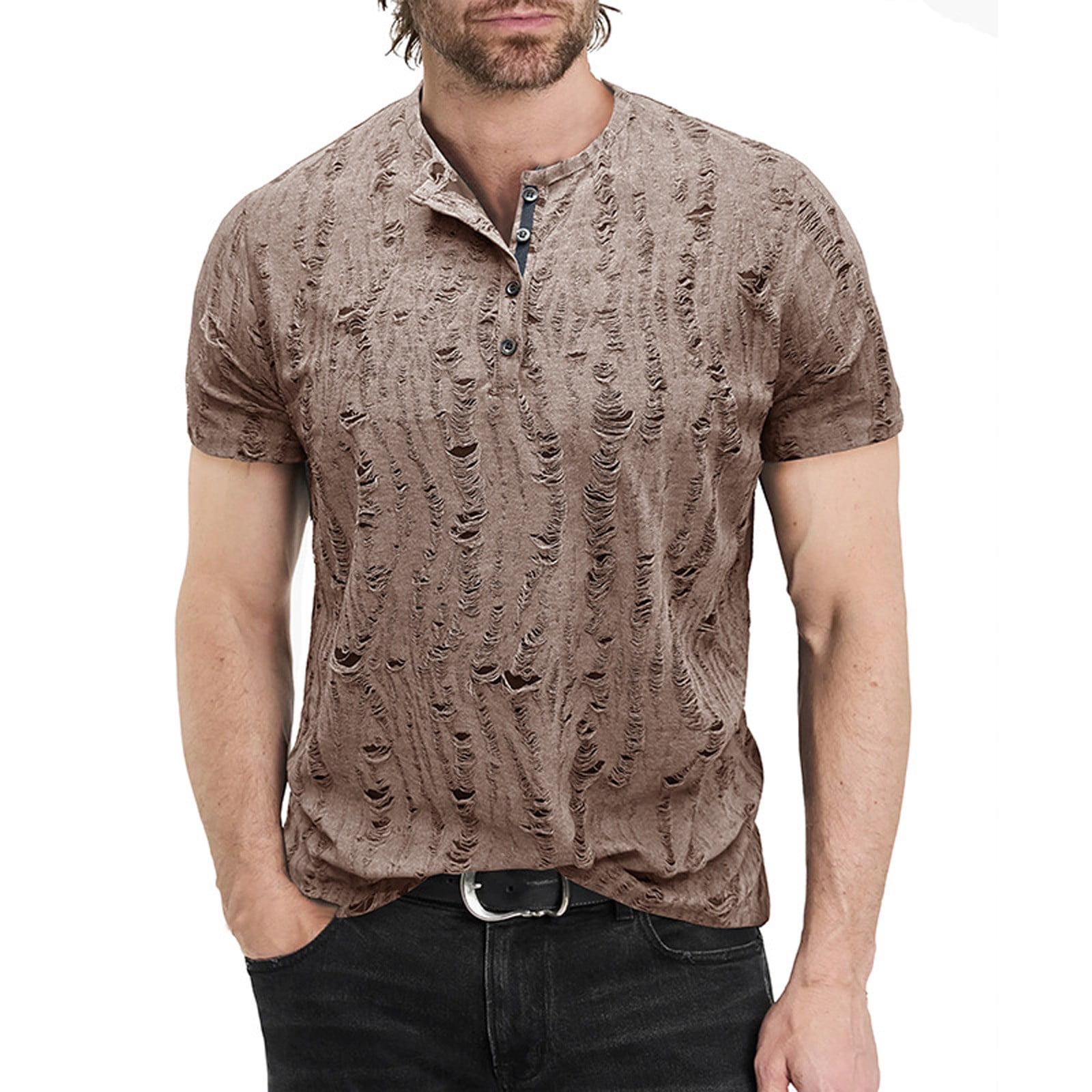 Hiiyo Men's Ripped Short Sleeve T Shirt, Brown