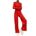 thumbnail image 1 of Timegard Lounge Outfits for Women Long Sleeve Round Neck Solid Color Cropped Tops Elastic Waist Wide Leg Pants Sets, 1 of 6