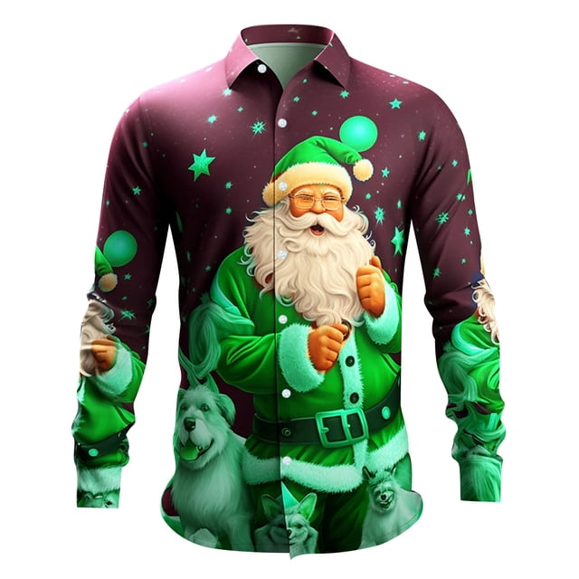 Kcodviy Chemise à Manches Longues pour Homme de Noël Père Noël Numérique Col à Manches Longues Imprimée 3D Boutonnée Col à Revers Décontractée Boutonnée Chemise à Manches Longues Haut