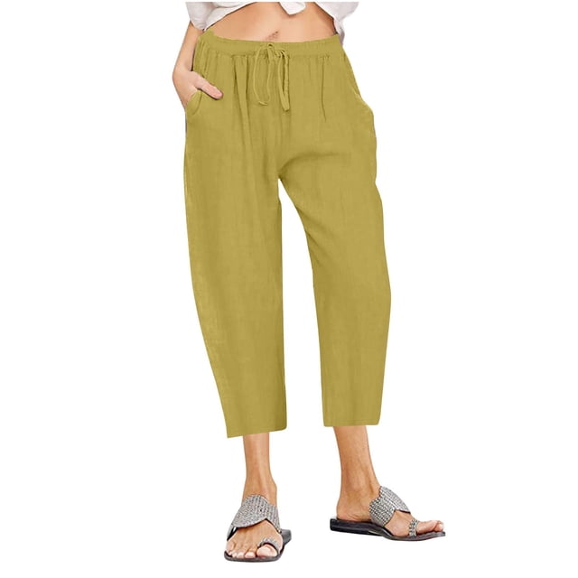 Penkiiy Pantalon Capri à Jambe Grand à Cordon pour Femme Grande Taille, Jaune, 2TG