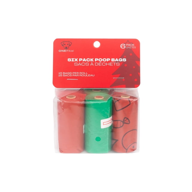 One Paw , Lot de 6 Sacs à Caca, Accessoire pour Chien avec six Rouleaux de Sacs à Caca Éco-Certifiés, Faciles à Déchirer en Rouge et Vert, Incluant des Imprimés à Thème des Fêtes, Conçus pour les Distributeurs standard et Emballés avec une Carte d'En-tête Rouge Montrant la Marque et les Détails du Produit.