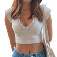 thumbnail image 1 of Timegard Going out Tops for Women Ribbed Cap Sleeve Low V Neck Comfy Slim Cropped Tops Summer Fashion, 1 of 5
