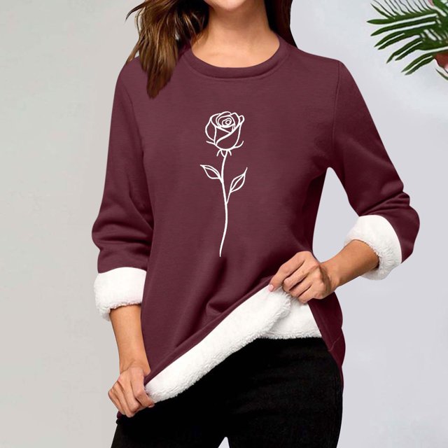 Heisall Chemises de Base pour Femmes Automne Hiver Imprimé Floral Col Rond Manches Longues Épaissies Polaire Teddy Shearling Chaud Ajusté Hauts Thermiques pour Usage Quotidien par Temps Froid