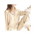 thumbnail image 3 of Fortune Women Pajamas Set, Feather Trim Long Sleeve Button-Down Lapel Tops + Pants, 3 of 9