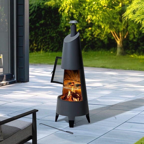 Sunjoy Foyer 2 en 1 145 cm - Cheminée extérieure en métal gris avec grille amovible en acier inoxydable, housse en PVC et porte moustiquaire de sécurité