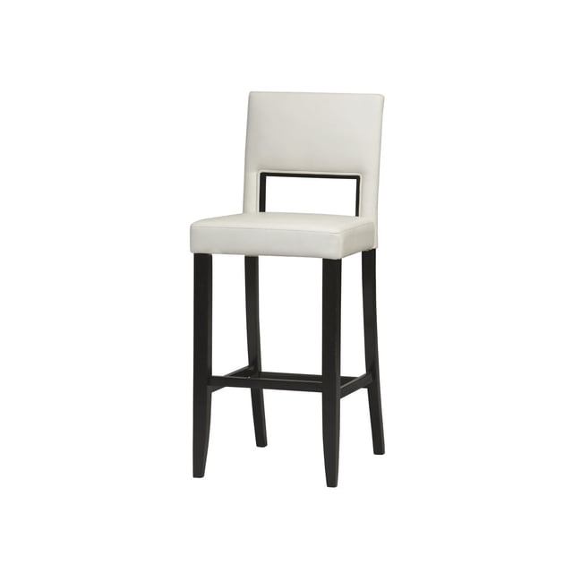 Wallace White Bar Stool with white faux leather padded seat and backrest featuring a rectangular cutout back detail, supported by a solid wood frame with dark espresso tapered legs and foot rails, suitable for bar heights 41 to 43 inches and often used as extra seating for home bars or pub tables.