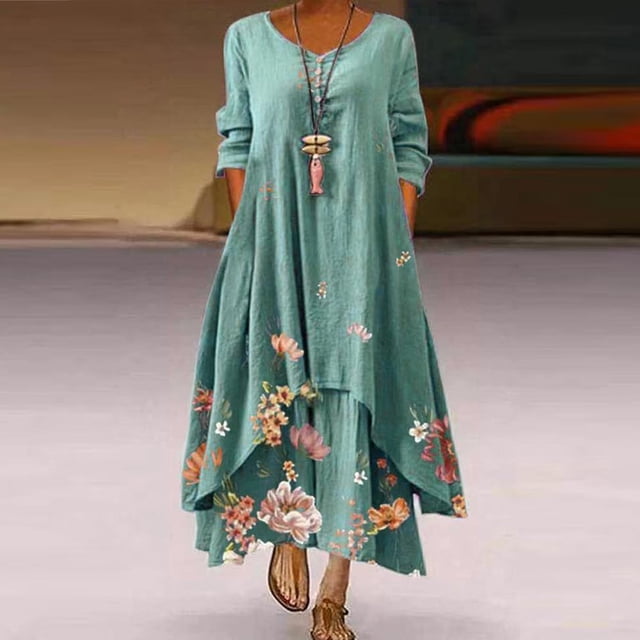 Robe Maxi d'Été pour Femmes à Manches Mi-Longues, Col, Décontractée, Ample, Longue, de Plage, à Boutons, Grande Taille, Robe Bohème, Robe Soleil, Froncée, Fluide, Longue pour Femmes