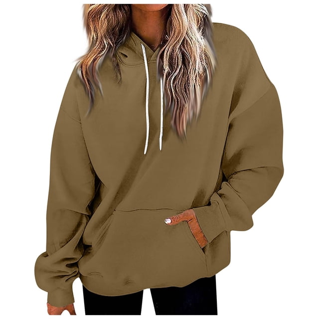 Timegard Hoodies for Women Drawstring Long Sleeve Sweatshirts Pullover Fall Winter Solid Color Tops