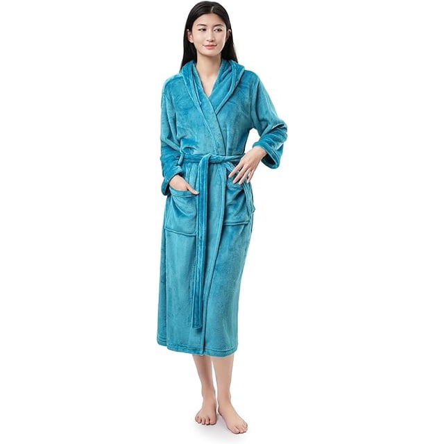 Sunny Forrest Teal Tranquility Hooded Robe with two front pockets. (CA/US, Alpha, Small, Medium, Regular, Regular, Teal Blue)