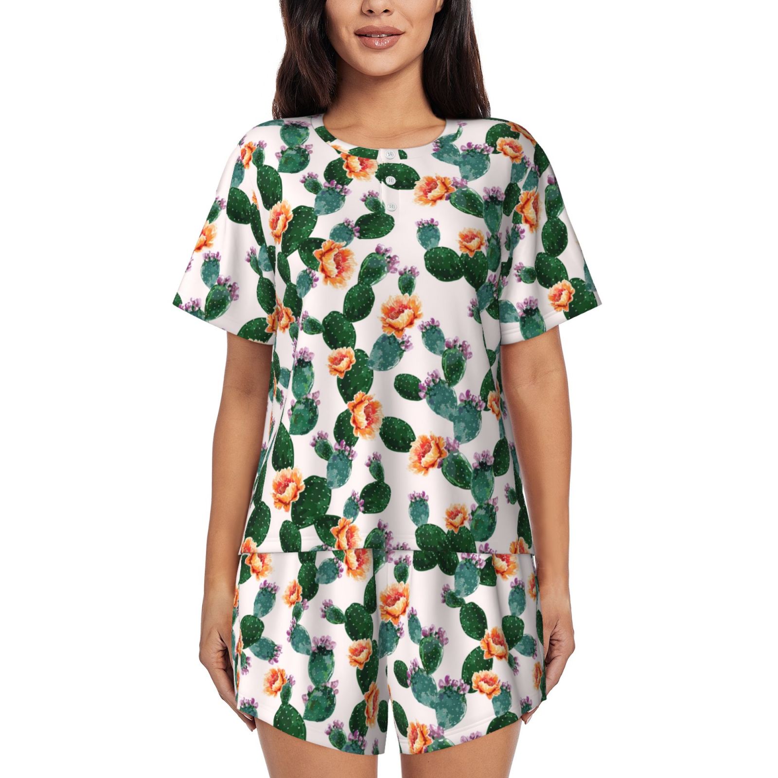 Lsque Cactus Ensemble de Pyjama à Manches Courtes pour Femmes - Ensemble de 2 Pcs Doux et Léger - Moyen