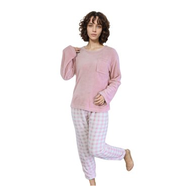 GDREDA Plus Size Pajamas Women's Fall & Winter 2pcs Solid Round Neck Long Sleeve Top With Pocket & Plaid Print Pant,Casual Loose Flannel Pajamas Set Women Pajama Sets pyjamas Pink,M