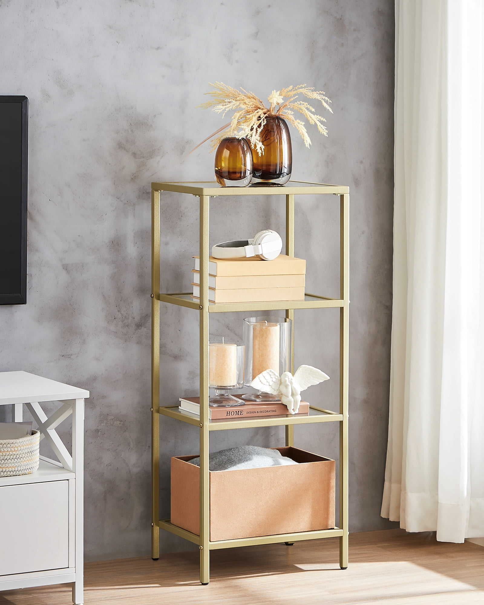 VASAGLE Bookcase, 4-Tier Bookshelf, Slim Shelving Unit for Bedroom, Bathroom, Home Office, Tempered Glass, Steel Frame, Metallic Gold