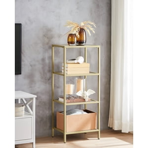 VASAGLE Bookcase, 4-Tier Bookshelf, Slim Shelving Unit for Bedroom, Bathroom, Home Office, Tempered Glass, Steel Frame, Metallic Gold