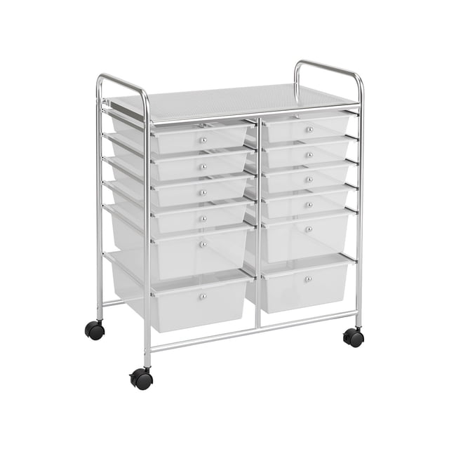 Patiojoy Chariot de Rangement Roulant à 12 Tiroirs avec Dessus Organisateur Transparent, Conçu pour un Rangement et une Organisation Portatifs. Comprend un Cadre durable en Tubes d'Acier Électroplaqués, des Tiroirs en Plastique Transparent et un Dessus Organisateur pour les Articles Plus Petits. Comprend 12 Tiroirs pour un Rangement Polyvalent, des Roues pour une Mobilité Facile et Deux Roues Verrouillables pour la Stabilité. Convient au Rangement de Fournitures de Bureau, d'Arts et de Bricolage Ou de Jouets. Dimensions : 25 Pouces de Large, 15 Pouces de Profondeur et 30 Pouces de Haut.