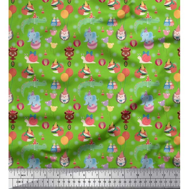 Soimoi Rayon Fabric Balloon & Cute Animals Kids Print Fabric by The Yard 42 Inch Wide