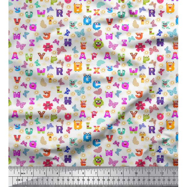 Soimoi White Rayon Fabric Insect,Sun & Cartoon Alphabets Text Print Fabric by Yard 56 Inch Wide