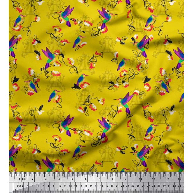 Soimoi Yellow Cotton Duck Fabric Cage & Humming Bird Print Sewing Fabric Yard 42 Inch Wide