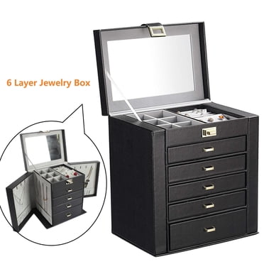 Boîtes à Bijoux pour Femmes à 6 Couches, Grand Coffre en Cuir de Table, Organisateur de Bijoux avec Tiroirs Amovibles