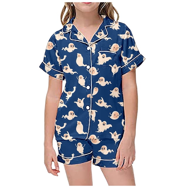 WEAIXIMIUNG Children's Leisure Printed Button Collar Short Sleeved Top Shorts Pajama Set 4-5 Years