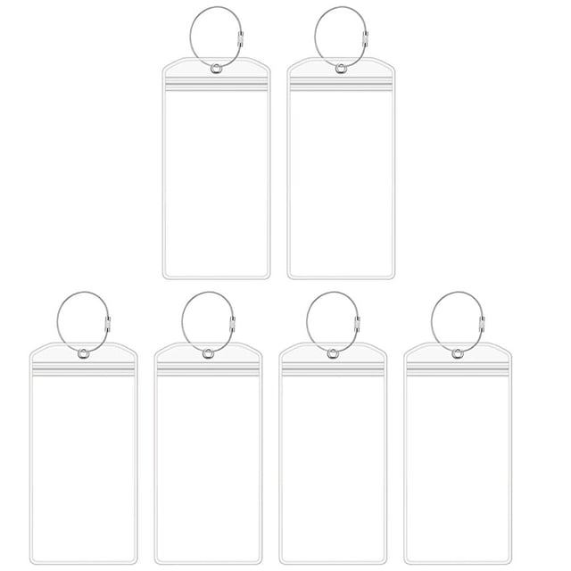 UPOUART 6pcs Travel Luggage Tag Plastic Suitcase Labels Name Card Holder Identification Family Backpacks. A set of six transparent rectangular luggage tags made of plastic with stainless steel loops for secure attachment. Each tag includes a name card holder for personal information, ideal for easy identification of suitcases at airports or cruise terminals. Compact and lightweight, these tags are suitable for family or group travel.