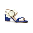 thumbnail image 1 of BLISSFUL STEP Slingback Contrast Color Chunky Heel Big Circle Buckle Heeled Sandals Blue White 6, 1 of 8