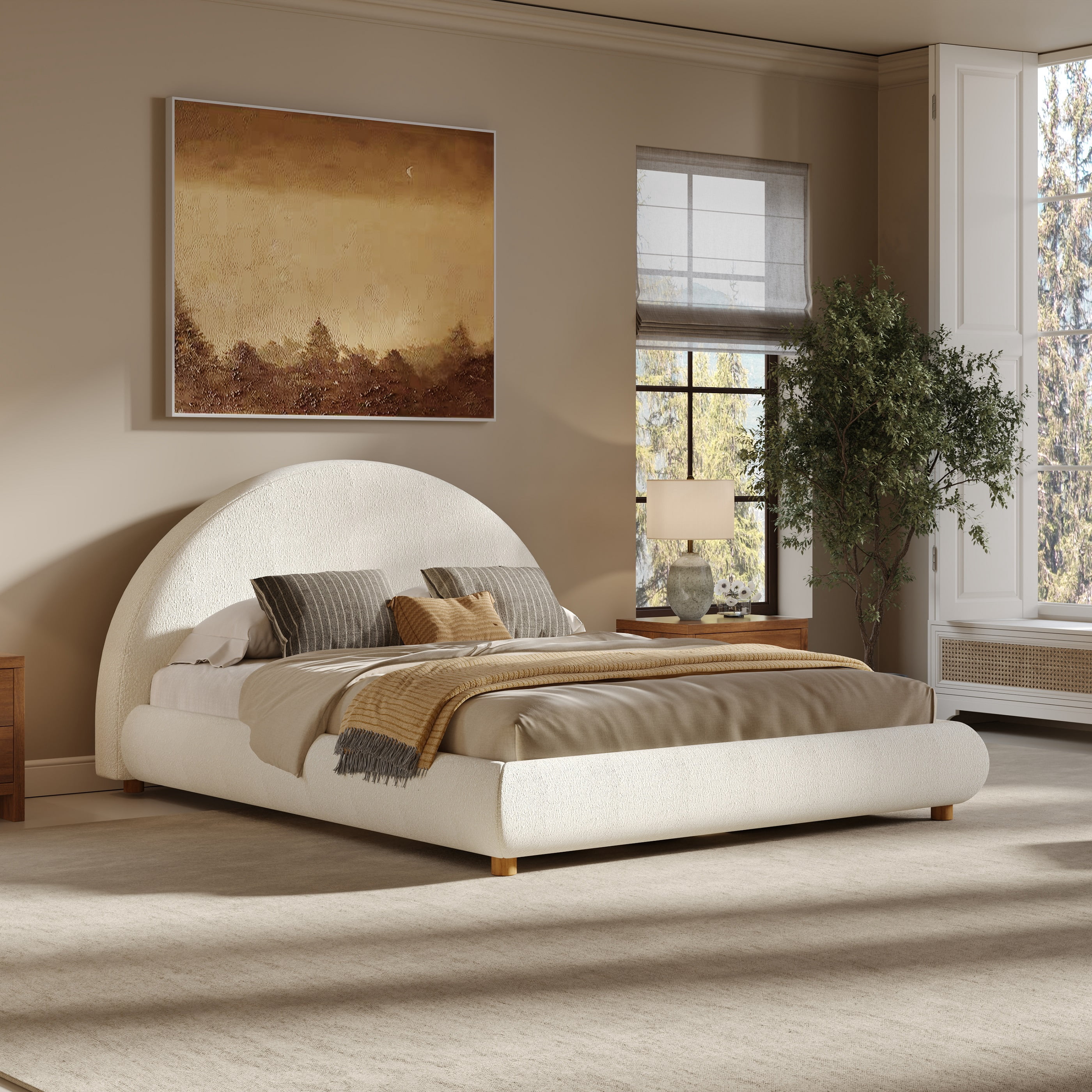 Noble House Lit Plateforme Bouclé Grand Size, Tête de Lit Ronde Courbée, Cadre Bas, Blanc