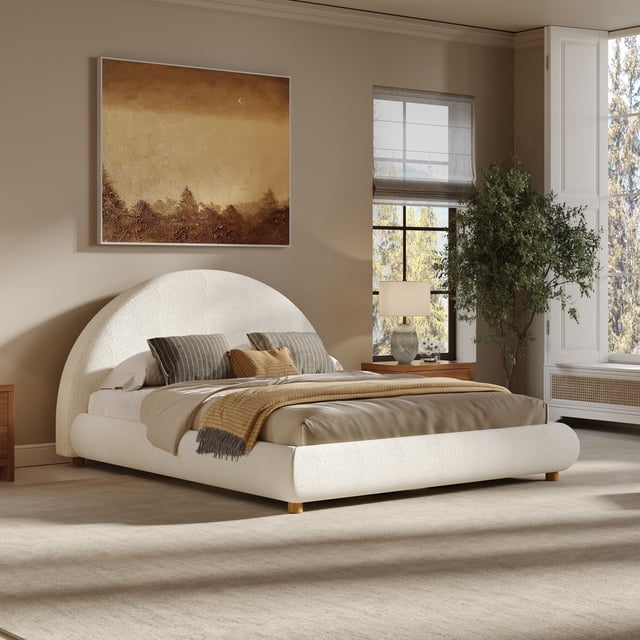 Noble House Lit Plateforme Grand Format en Bouclé avec Tête de Lit Arrondie et Cadre Profil Bas en Blanc. le Lit Est Entièrement Enveloppé de Tissu Bouclé Doux, Offrant une Apparence Douillette et Texturée. Il Est Exposé dans un Cadre de Chambre Moderne avec des Tons Neutres, une Grande Fenêtre et un Décor Minimaliste. le Lit Plateforme Comprend un Système de Lattes Intégré, Éliminant le Besoin d'Un Sommier, et Supporte jusqu'à 700 Lb. Dimensions : 86,50 Pieds' L x 64,00 Pieds' P x 41 Pieds