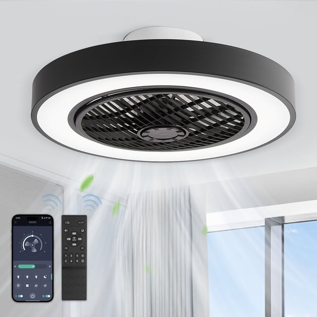 Zardon 20 “ Low Profile Ceiling Fan With Light and Remote Control , LED Bladeless ,6-speed,Enclosed Flush Mount for Living Room,black
