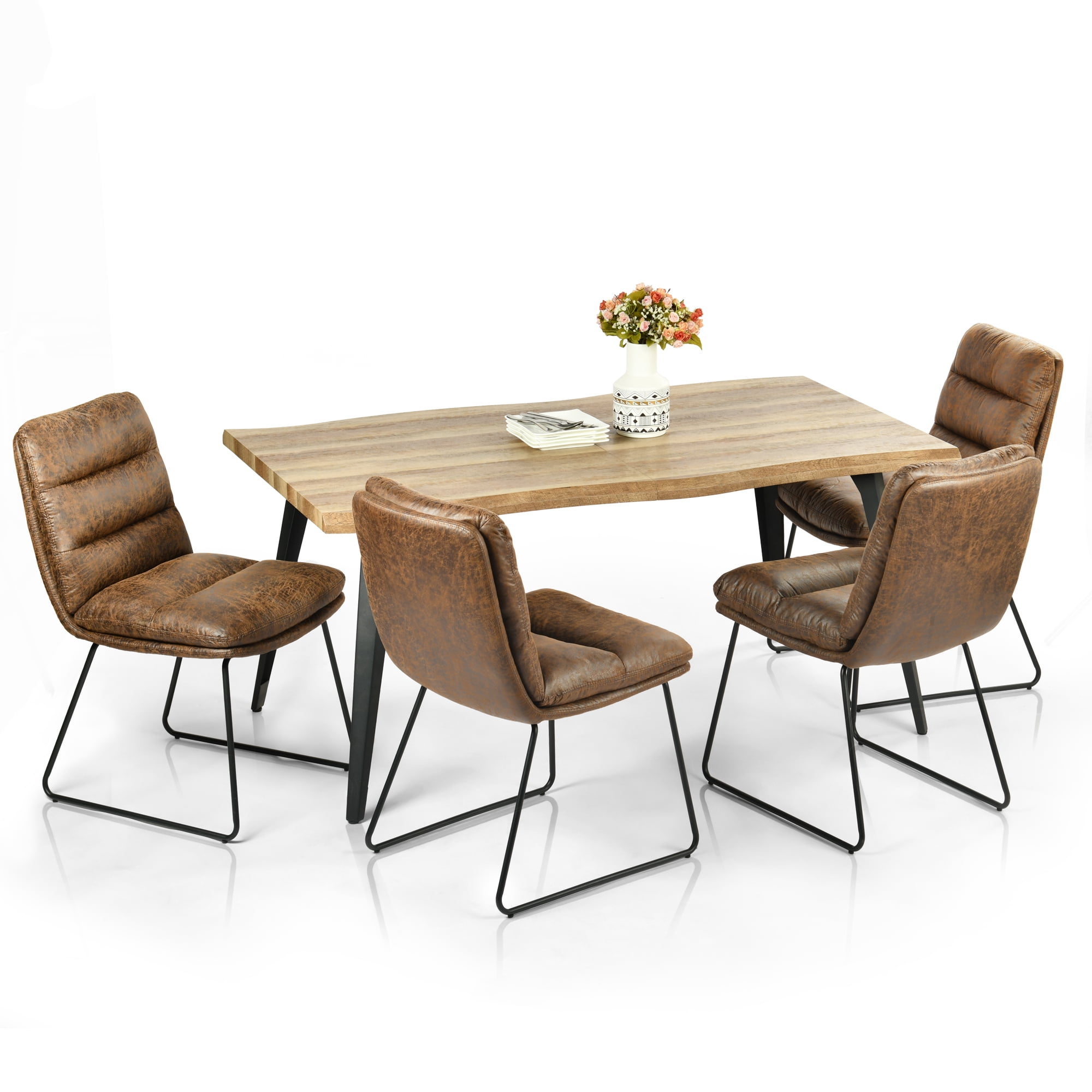 Ensemble de salle à manger Homy Casa 5 pièces de 160 cm (63 pouces), table en faux bois à bords naturels, chaises d'appoint rembourrées en similicuir