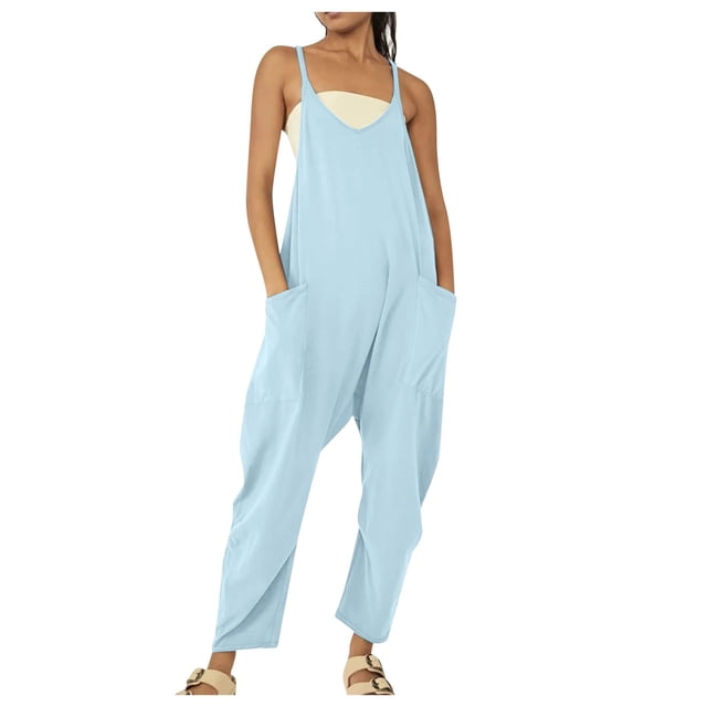 TrendOFT Womens Casual Summer Jumpsuit Fashion Yoga Square Neck Spaghetti Strap Rib Sleeveless Solid Athletic Womens Rompers One Piece Overalls Blue L