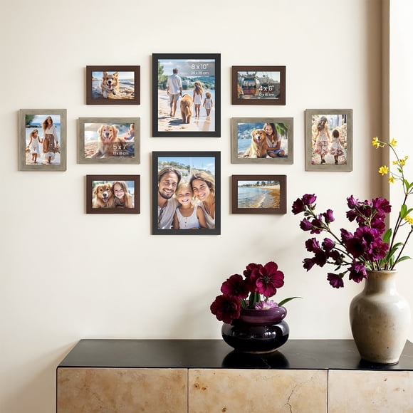 SONGMICS Collage Picture Frames, Set of 10 Photo Frames, Collage Frames, Clear Glass Front, Maroon Brown, Heather Greige, Ash Black URPF010K03