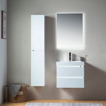 Vanity Art 24 in. Single Sink Wall Mounted LED Bathroom Vanity Set 2 Drawers Storage Cabinet with White Resin Top Undermount Rectangle Sink
