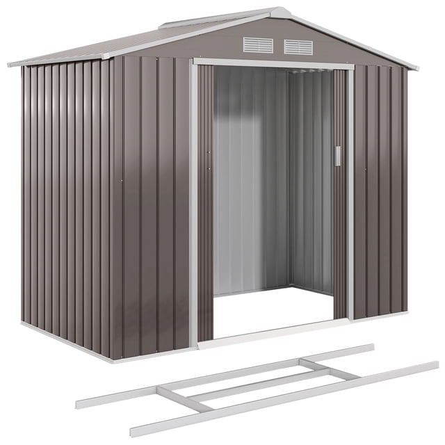 7' x 4' Garden Storage Shed with Foundation Kit and Double Doors in light brown, constructed from galvanized steel with reinforced ridged walls and a sloped roof for weather resistance. Includes double sliding doors, four air vents for airflow, and a steel foundation kit for stability. Ideal for storing garden tools, lawn equipment, and outdoor supplies. A durable metal shed designed for outdoor storage.