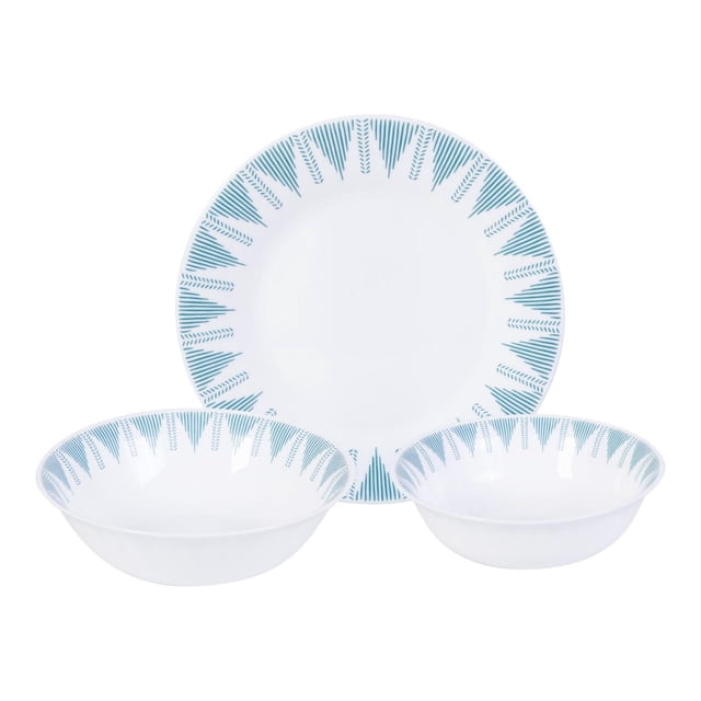 Ultra By Gibson Piper Point 12 Piece Double Bowl Dinnerware Set in teal opal glass with 10-inch dinner plates and 7.5- and 6.5-inch double bowls featuring teal geometric rim patterns, ideal for versatile dining and durable everyday use.