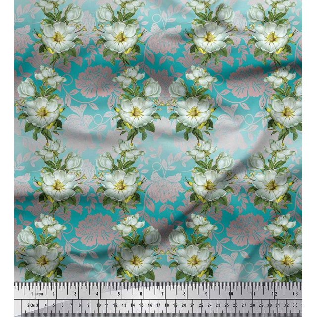 Soimoi Modal Satin Tissu Feuilles & Magnolia Imprimé Floral 1 Yard 42 Inch Wide