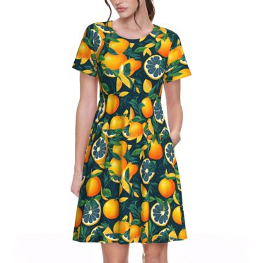 KLL Orange Frais pour Robe d'Été à Manches Courtes pour Femme, Robes Plissées Amples Évasées Longueur Genou avec Poches