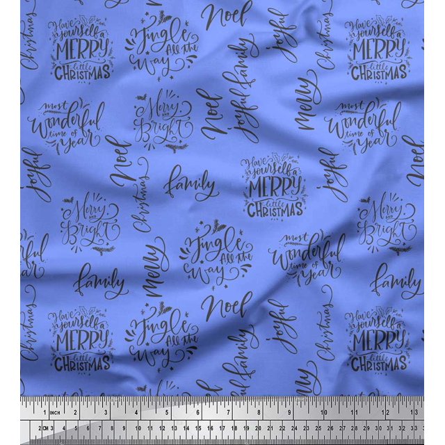 Soimoi Blue Velvet Fabric Merry Christmas Text Print Sewing Fabric Yard 58 Inch Wide