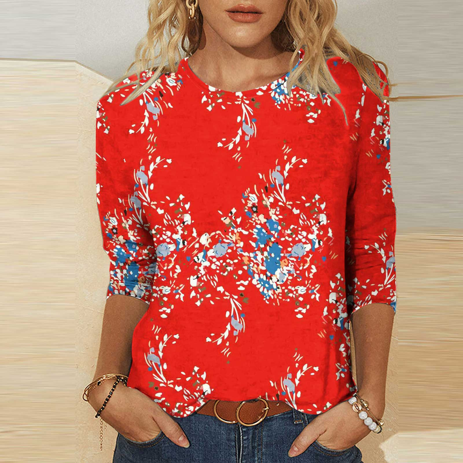 Hauts pour Femmes 2023 Mode Féminine T-shirt Imprimé Manches 3/4 Blouse Col Rond Hauts Décontractés Femmes Hauts Grande Taille en Liquidation