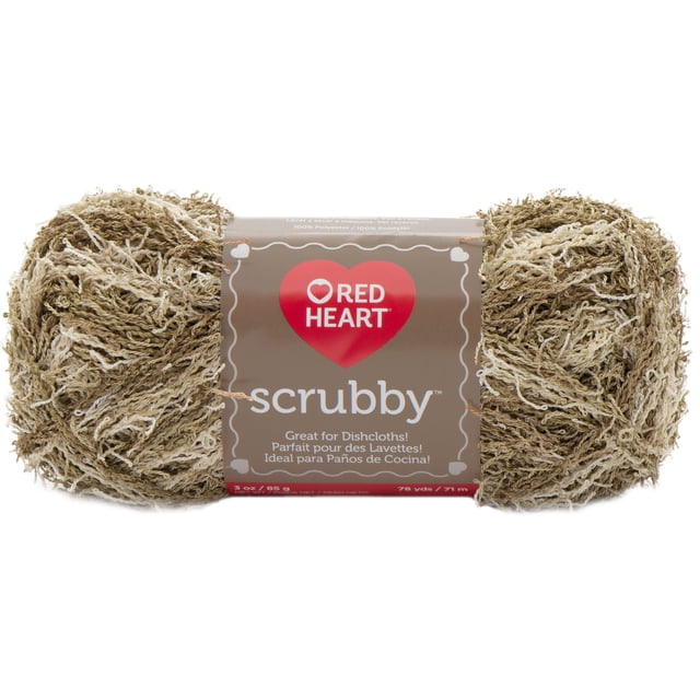 Red Heart® Scrubby™ Yarn, 100% polyester #4 medium weight, 3 oz (85 g), 78 yards (71 m), tan and cream looped textured yarn ideal for knit or crochet dishcloths and exfoliating washcloths, shown front-facing with label featuring the red heart logo and product details.