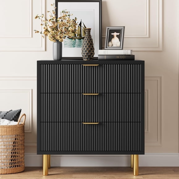 Commode Moderne Noire à 3 Tiroirs – Armoire de Rangement Haute en Bois avec Pattes en Métal, Organisateur Robuste et Résistant aux Marques, Chambre, Couloir, Salon, Bureau à Domicile – Couleur : Noir