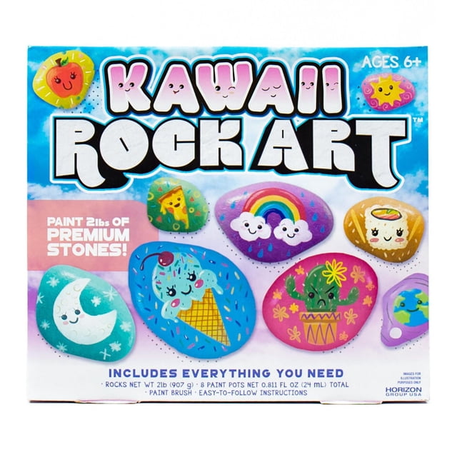 Boîte de Trousse d'Artisanat pour Enfants Kawaii avec Pierres Colorées Peintes et Motifs Kawaii Souriants Incluant Lune, Cornet de Crème Glacée, Arc-en-Ciel, cactus, Rouleau de sushi, Tranche de pizza, Pomme, Soleil et Terre, Contenant 2 Lb de Pierres, 8 pots de Peinture et un Pinceau pour des Projets Créatifs d'Arts et d'Artisanat pour Enfants de 6 Ans et Plus.