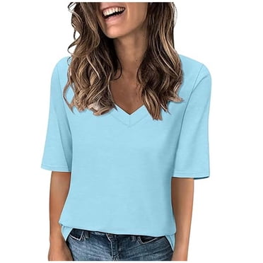 Penkiiy Women's V Neck T Shirts Half Sleeve Tops Casual Solid Summer Tees L Light Blue