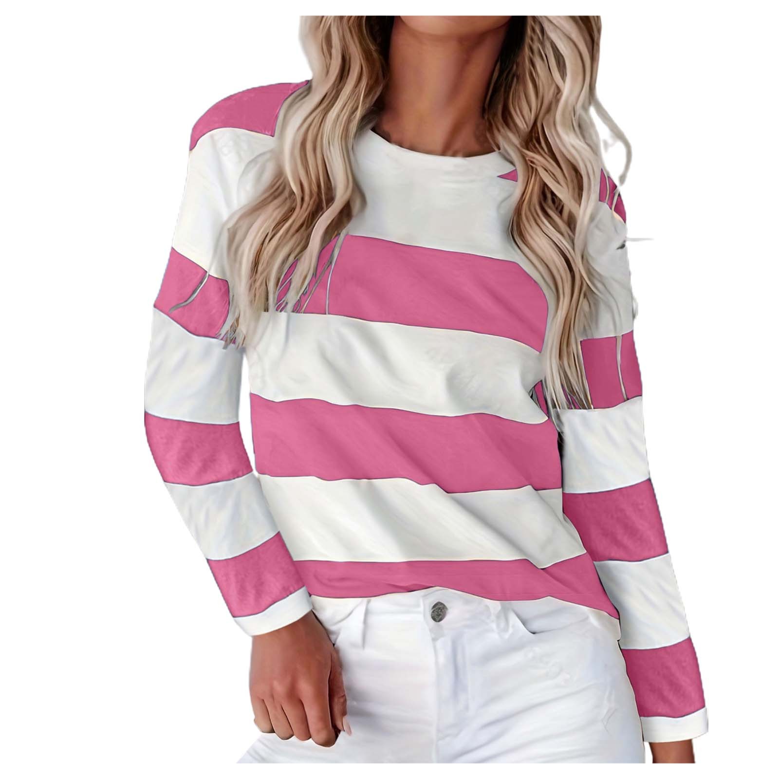WEIYLL T-Shirt pour Femmes à Manches Longues à Rayures Col Ras du Cou à Blocs de Couleur Hauts Roses Tailles G