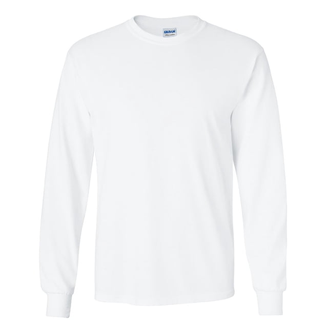 Gildan T-Shirt à Manches Longues pour Hommes à Col Ras du Cou Uni Ultra Cotton en Blanc, Présentant une Coupe Classique avec un Encolure Ras du Cou Côtelée et des Poignets Côtelés Ajustés. Fabriqué à Partir de 100 % de Coton durable, Épais, avec Épaules Rubanées et Étiquette Amovible pour Plus de Confort. Certifié durable avec certifications Oeko-Tex Standard 100, Sedex et WRAP. Offert en Tailles P à 5TG.