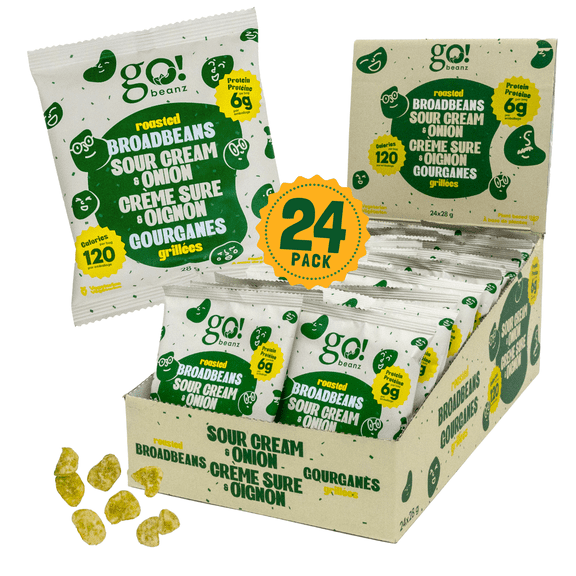 Value-Pack 24x28g Jimmy Sevigny Go Beanz Crunchy Roasted Broad Beans, Sour Cream & Onion, High Protein Plant-Based Snack, Low Calorie, Low Sodium