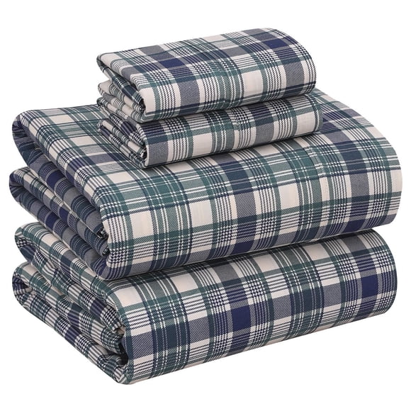 RUVANTI 100% Cotton Sheets – Queen Size Percale Bedding, Cooling & Breathable Floral Design, Durable with a Crisp, Soft & Comfortable Feel, 16" Deep Pocket, 4-Piece Set, Greenish Blue Plaid