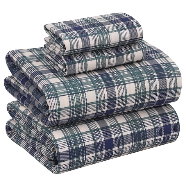 RUVANTI 100% Cotton Sheets – Queen Size Percale Bedding, Cooling & Breathable Floral Design, Durable with a Crisp, Soft & Comfortable Feel, 16" Deep Pocket, 4-Piece Set, Greenish Blue Plaid
