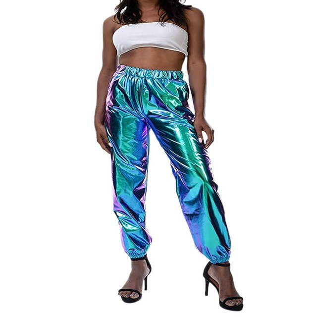 Femmes Taille Haute Brillant Métallique Extensible Hip Hop Pantalon Réfléchissant Jogger Pantalon