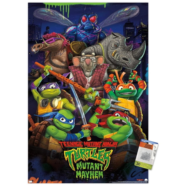 Teenage Mutant Ninja Turtles: Mutant Mayhem - Affiche Murale de Groupe, 22,375 Po x 34 Po Mettant en Vedette les Quatre Tortues Ninja avec des Armes et Leurs Alliés, Dont une Grande Mouche Bleue, un Rhinocéros, un rat avec des Lunettes et un Sanglier aux Cheveux Roses, dans un Paysage Urbain Sombre avec des Gouttes de Peinture Vert Néon, Imprimée sur Papier Lustré pour une Oeuvre Murale Vibrante Convenant aux Chambres, Bureaux Ou Dortoirs.